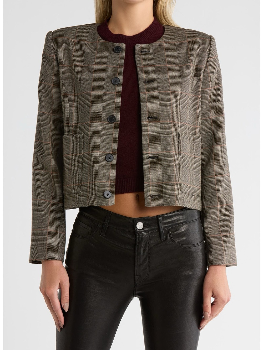 FRAME Plaid Collarless Jacket Brown Multi Size Small NWT Crop Blazer